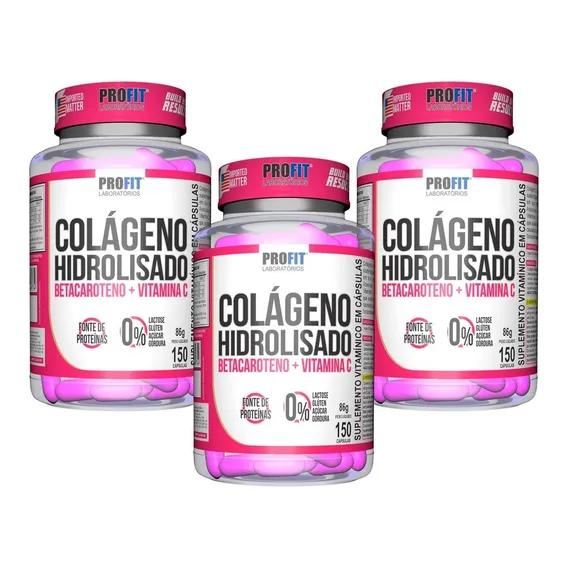 3x Colágeno Hidrolisado C/ Betacaroteno 120caps - Profit Sabor Sem Sabor Foto 1