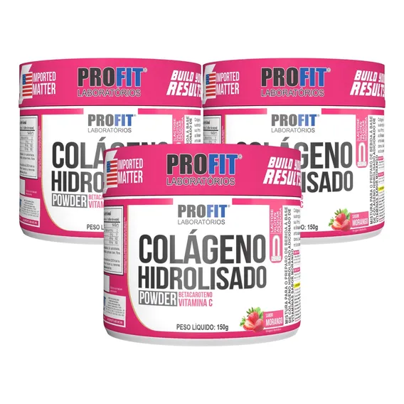 3x Colágeno Hidrolisado Vitamina C Betacaroteno 150g Profit Sabor Morango Foto 1