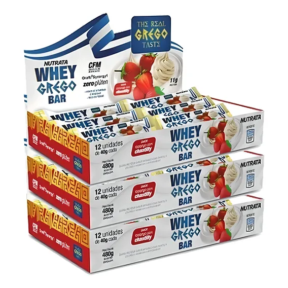 3x Whey Bar Grego - Caixa Com 12 Unidades Cada - Nutrata Sabor Beijinho Foto 1