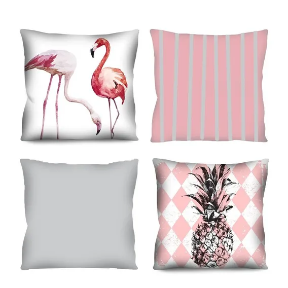 4 Almofadas Flamingos Abacaxi Cinza E Rosa 42x42cm C/enchim. Foto 1