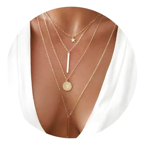 4 Gargantilhas Choker Estrela Circulo Bastões C7965 Cor Dourado Foto 1