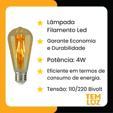 4 Lâmpada Led Thomas Edison 4w St64 E27 Ambar Cor da luz Branco-quente 110V/220V Foto mini 3