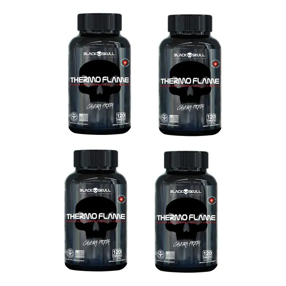 4x Thermo Flame TermogĂȘnico 120 Tabletes - Black Skull Sabor Sem Sabor Foto 1