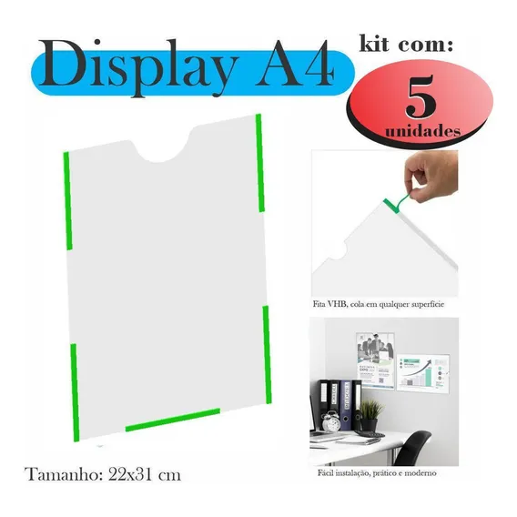 5 Displays A4 Expositor Porta Folha Quadro Aviso Parede Petg Foto 1