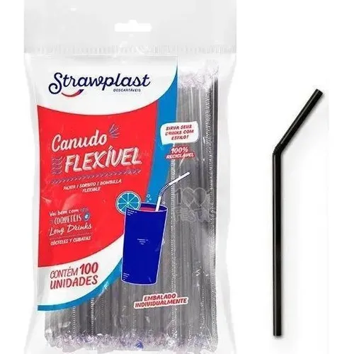 500 Canudo Preto Flexível Strawplast Para Drinks Foto 1