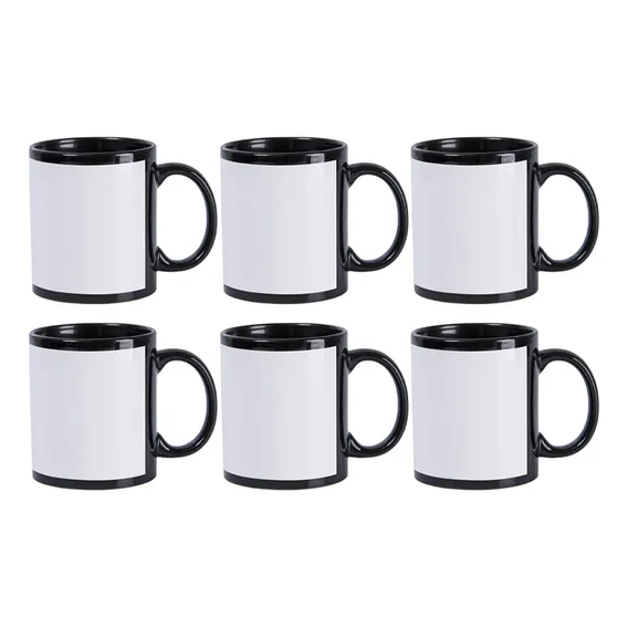 6 Caneca Preta Tarja Branca Sublimação Aaa 325ml Porcelana Cor Preto Foto 1
