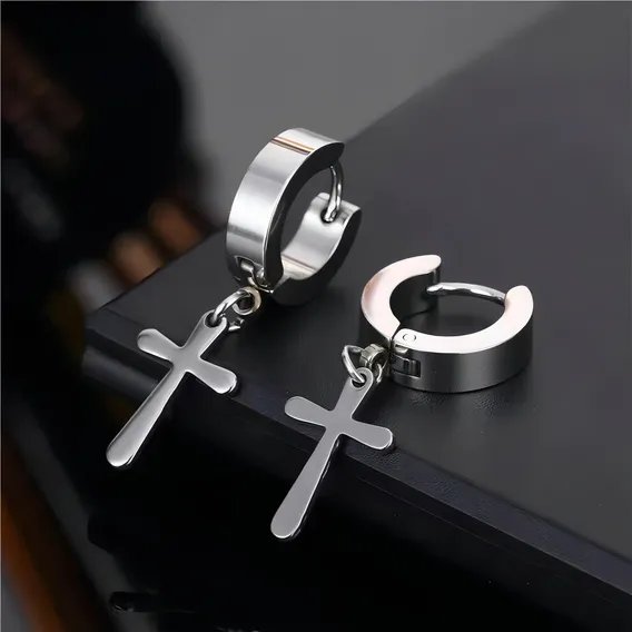6 Pares Brinco Masculino Argola Cruz Aço Inoxidável Foto 1