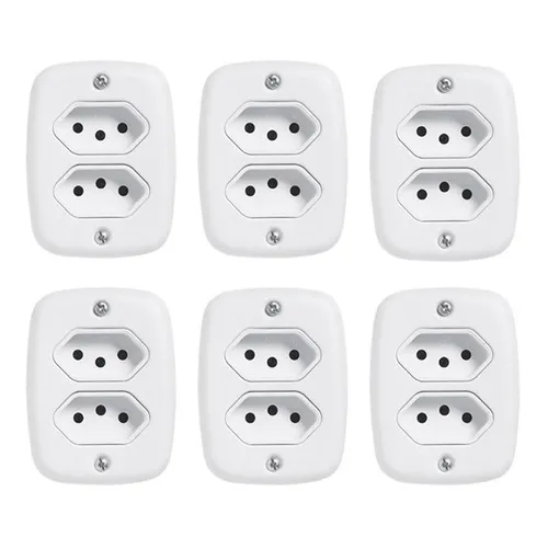 6 Unid. Tomada Dupla Pluzie Sistema X 10a Branca Com Caixa Sobrepor Cor Branco Foto 1