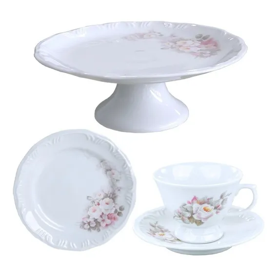 6 Xícaras Chá 6 Sobremesa 1 Boleira Porcelana Schmidt Eterna Cor Branco Foto 1