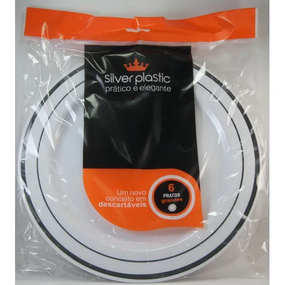 60unid Prato Refeição Acrilico Luxo 26cm Branco Prata Foto 1
