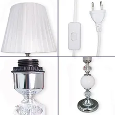 Abajur Cristal Para Quarto Criado Mudo Com Cúpula Tecido Cor Prata-seda-branco Foto mini 3