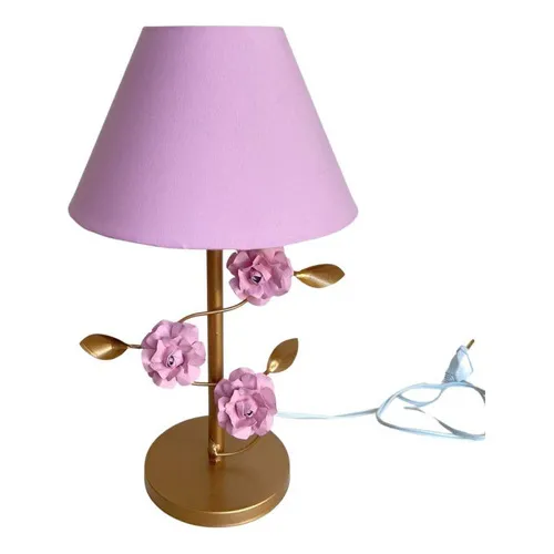 Abajur Dourado De Flor Rosa - Luminária Menina Foto 1