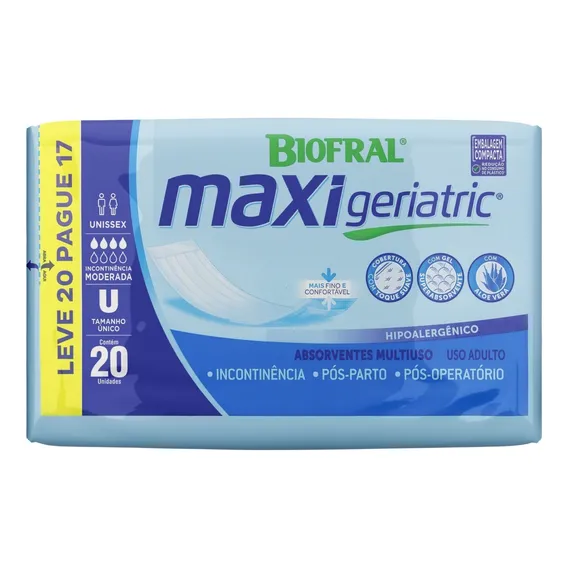 Absorvente P贸s-Parto/P贸s-Operat贸rio Biofral Maxi Geriatric Pacote Leve 20 Pague 17 Unidades Foto 1