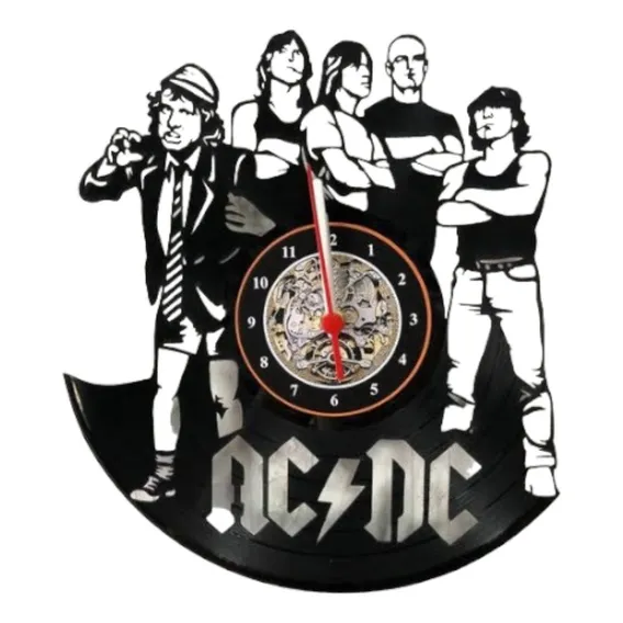 Ac / Dc, Relógio Disco De Vinil, Retrô, Rock, Banda Estrutura Preto Fundo Preto Foto 1