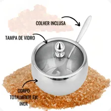 Açucareiro Em Aço Inox Com Tampa De Vidro E Colher Qualidade Foto mini 2
