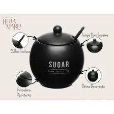 Açucareiro Porcelana Porta Açúcar C/ Colher E Tampa Luxo Cor Açucareiro Preto Sugar Foto mini 3