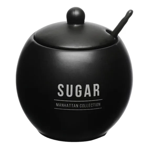 Açucareiro Porcelana Porta Açúcar C/ Colher E Tampa Luxo Cor Açucareiro Preto Sugar Foto 1