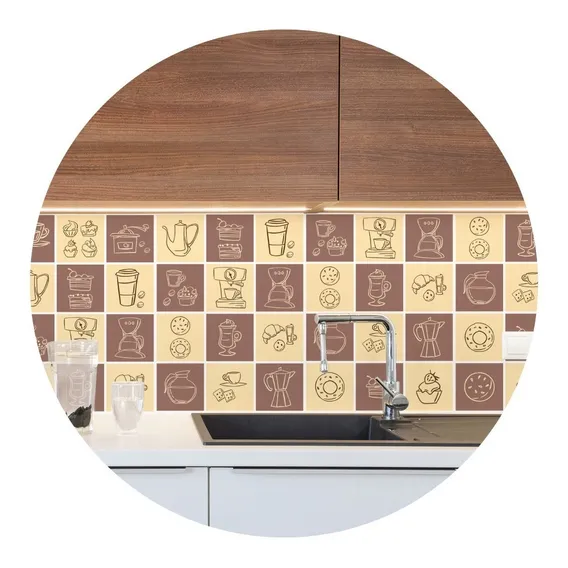 Adesivo De Azulejo Cozinha Hora Do Café 20x20cm Com 48un Cor Marrom Foto 1