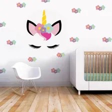 Adesivo De Parede Unicornio + 30 Florais Rosto Cílios Foto mini  2