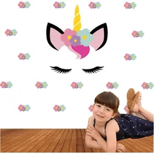 Adesivo De Parede Unicornio + 30 Florais Rosto Cílios Foto  mini 1