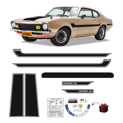 Adesivo Faixas Ford Maverick Gt V8 Fase 2 Gtv8 Preto Kit Foto 1