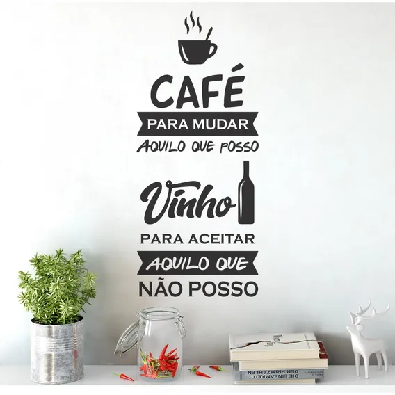 Adesivo Parede Cozinha Frase Café Vinho Wine Taça Xícara Cor Preto Foto 1
