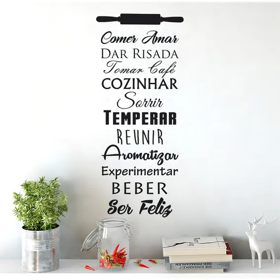 Adesivo Parede Frase Cozinhar Comer Amar Sorrir Café Feliz Cor Preto Foto 1