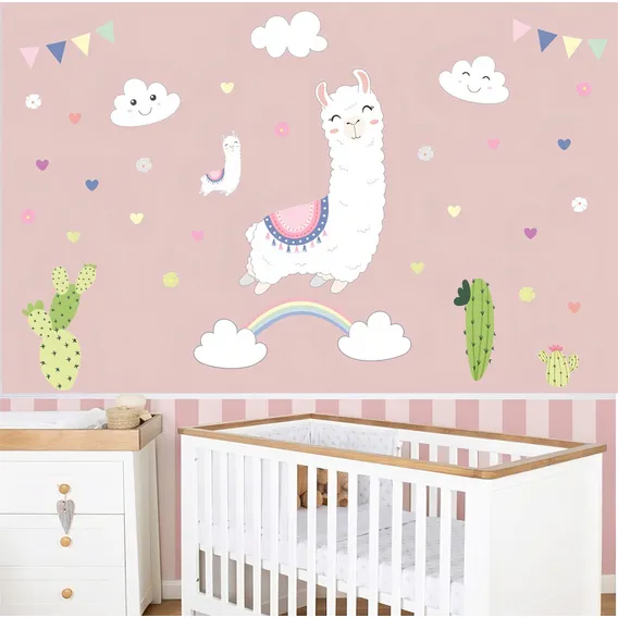 Adesivo Parede Lhama Unic贸rnio Quarto Menina Arco Iris Fofo Cor Colorido Foto 1