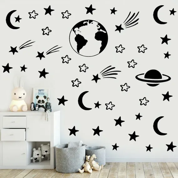 Adesivo Parede Quarto Infantil Galáxia Planetas Estrelas Cor Preto Foto 1