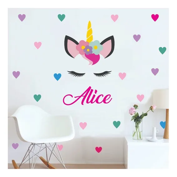 Adesivo Parede Unicornio + 110 Corações + Nome Cor Colorido Foto 1