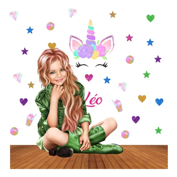 Adesivo Parede Unicornio Glitter + Corações Estrelas + Nome Cor Colorido Foto 1