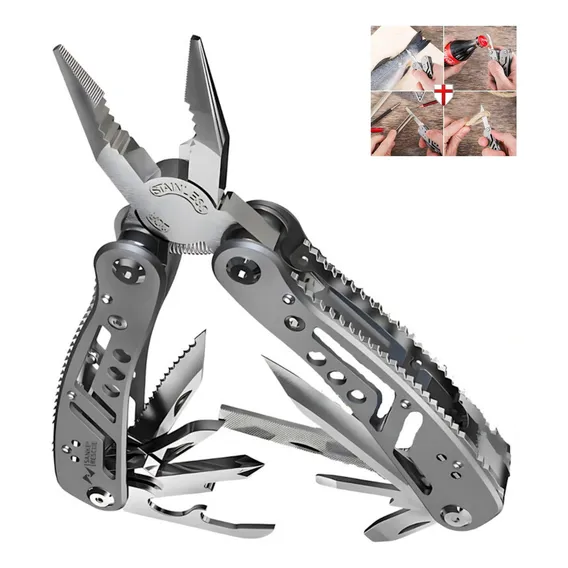 Alicate Multifunção Canivete Prata Com 10 Ferramentas Multiuso Aventura Inox Uso Diário Foto 1