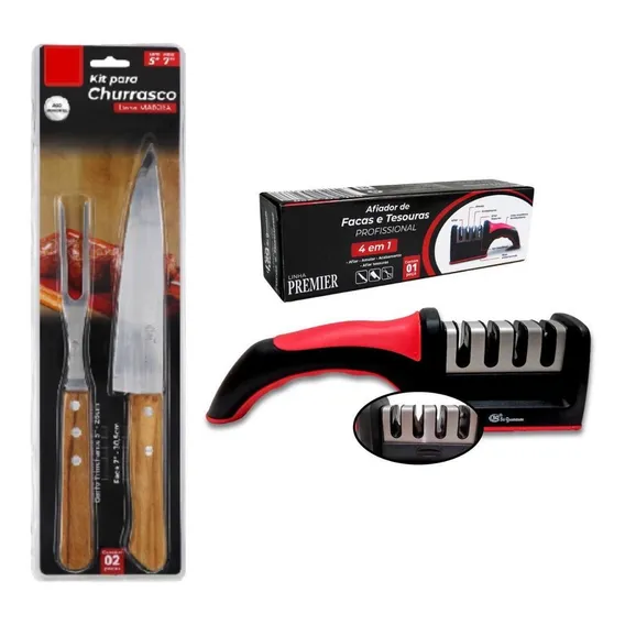 Amolador De Faca Com Jogo De Churrasco Garfo E Faca Aço Inox Foto 1