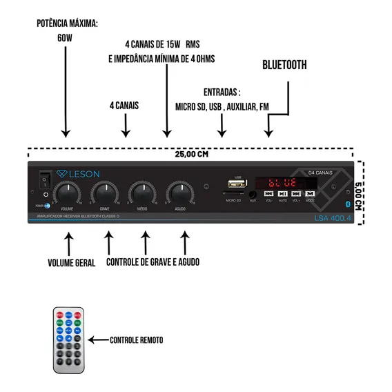 Amplificador Leson Bluetooth 60w Usb Aux 4ch Lsa400.4 Foto 1