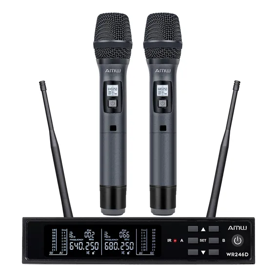 AMW Au300 Microfone Sem Fio Duplo Digital UHF Multibanda Dois Bastões em Metal + Estojo Cor Cinza escuro Foto 1