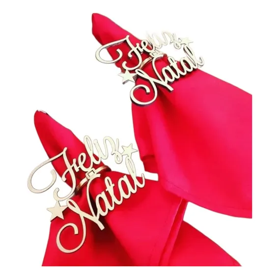 Anel Porta Guardanapos Feliz Natal Mdf - Dourado 10 Peças Foto 1