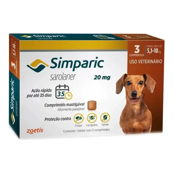 Antipulgas Simparic 20mg 5 A 10kg - 3 Comprimidos Cor Marrom Foto 1