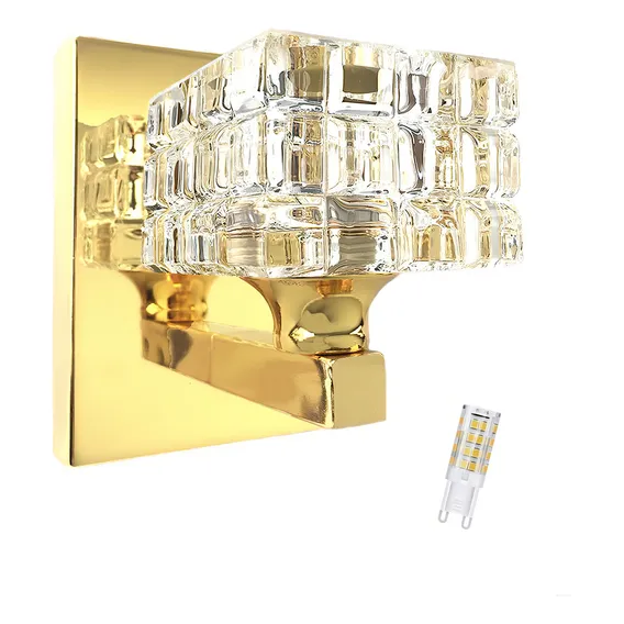 Arandela Cristal K9 Quadrado Dourado Brilhoso Bet39 + Led Foto 1