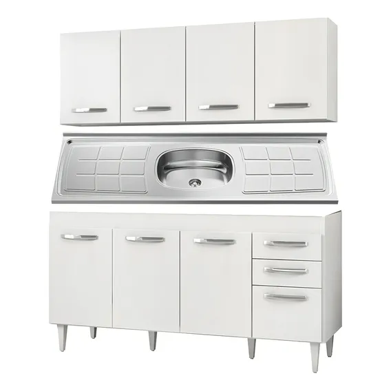 Armário Aéreo E Balcão Gabinete C/ Pia Inox Áustria 160cm Bc Cor Branco Foto 1
