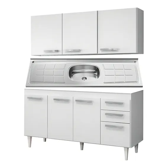 Armário Aéreo E Balcão Gabinete C/ Pia Inox Lisboa 150cm Bco Cor Branco Foto 1