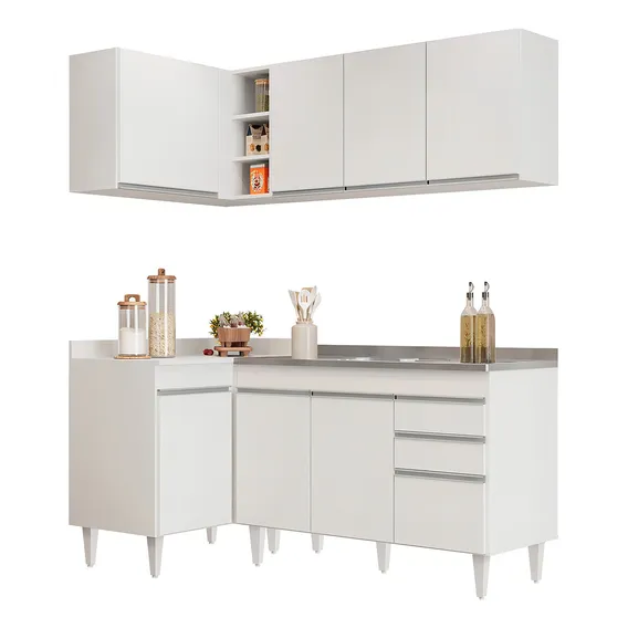Armário Cozinha De Canto Direito 4 Peças Cp39 Com Pia Inox Cor Branco Foto 1
