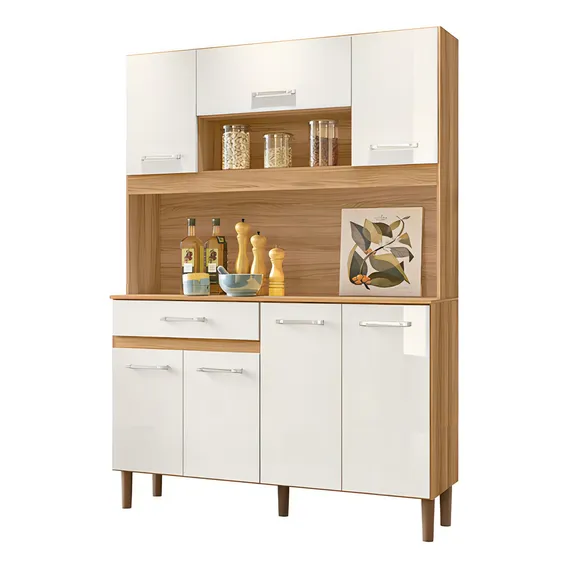 Armário Cozinha Magazin 120 7 Portas 1 Gaveta Nicioli Cor Freijó/off White Cristal Foto 1
