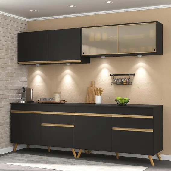 Armário de Cozinha Compacta 240cm com Leds Veneza Up Multimóveis V2021 Preto/Dourado Foto 1