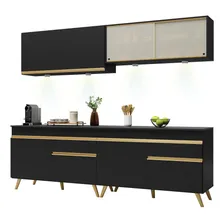 Armário de Cozinha Compacta 240cm com Leds Veneza Up Multimóveis V2021 Preto/Dourado Foto mini 2