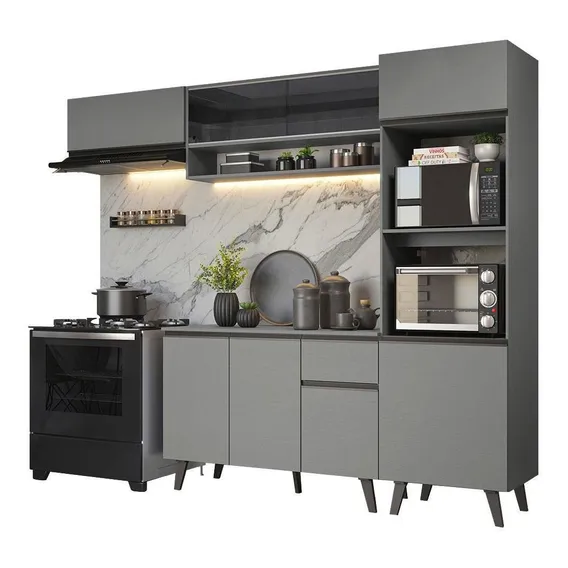 Armário De Cozinha Completa 260cm Cinza Nice Madesa 03 Foto 1