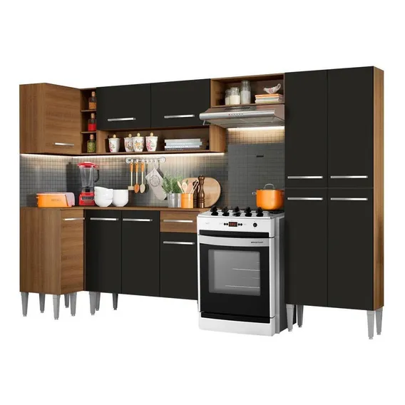 Armário de Cozinha Completa de Canto 353cm Rustic/Preto Emilly Sun Madesa 01 Foto 1