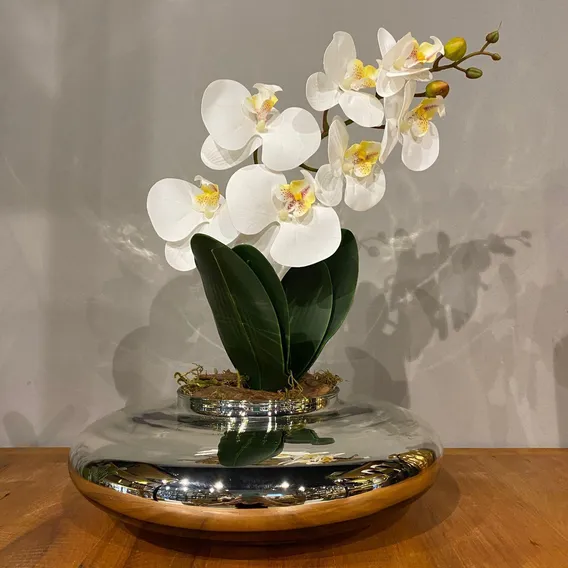 Arranjo Orquídea Branca Artificial Vaso Espelhado 50cm Foto 1