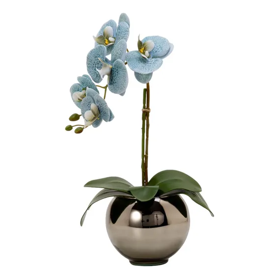 Arranjo Orquídea Silicone Com Vaso Vidro Ônix Espelhado Cor Azul Foto 1