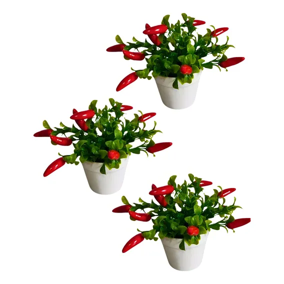 Arranjo Pimenta Artificiais + 3 Vasinhos Enfeites P/ Cozinha Foto 1