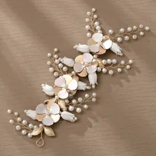 Arranjo Tiara Pérolas Cabelo Flores Noivas Madrinhas Dourado Foto mini 2